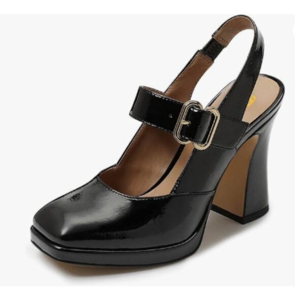 FYS Black Platform Square Toe Pumps Block High Heel Mary Janes Slingback Shoes - Picture 1 of 8